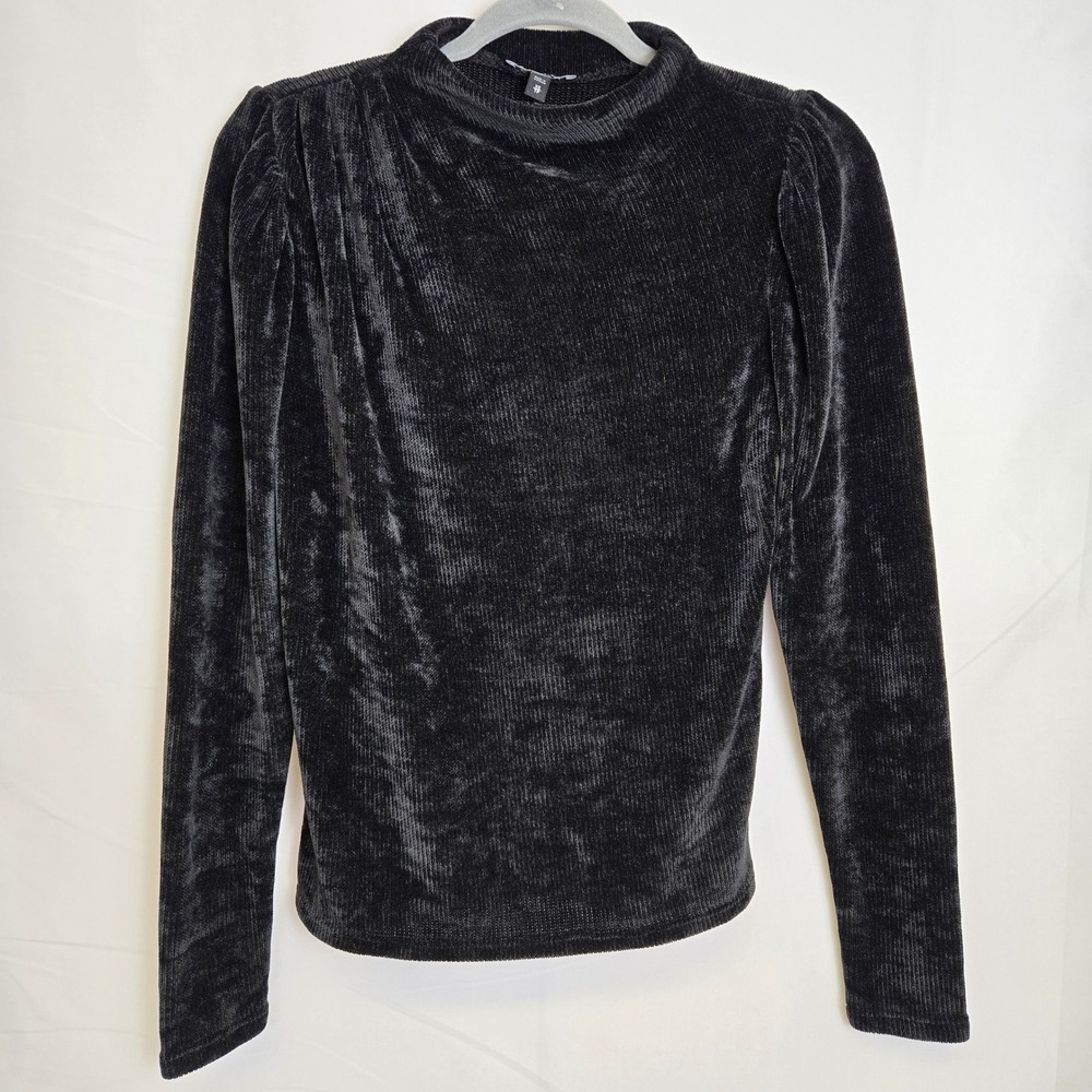 Expressβ Asymmetric Chenille Knit Mock Neck Sweater, Ruched Shoulder, Black, XS